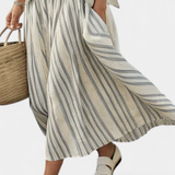 Цялостен комплект Daisy с Oversize тениска и midi пола с райета от лен и бамбук за елегантен и удобен стил