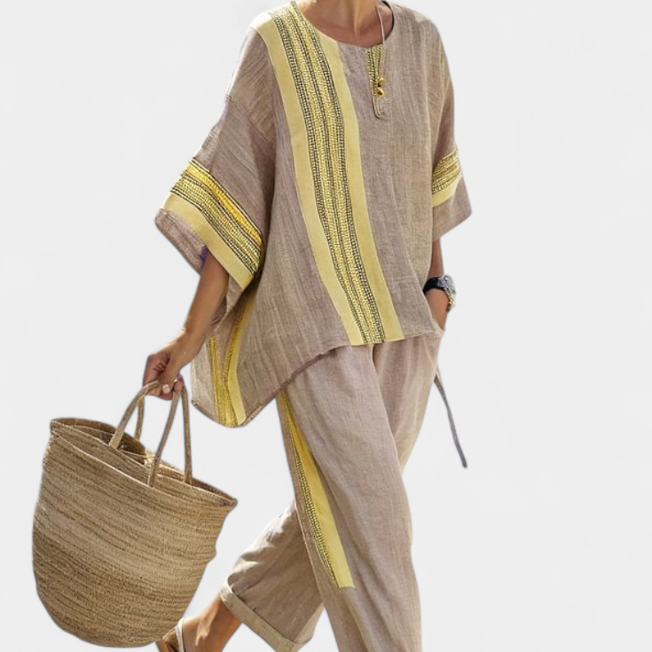 Комплект от ленен бамбук с очарователна лавандула и детайли в жълти ивици