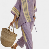 Комплект от ленен бамбук с очарователна лавандула и детайли в жълти ивици