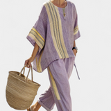 Комплект от ленен бамбук с очарователна лавандула и детайли в жълти ивици