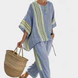 Комплект от ленен бамбук с очарователна лавандула и детайли в жълти ивици