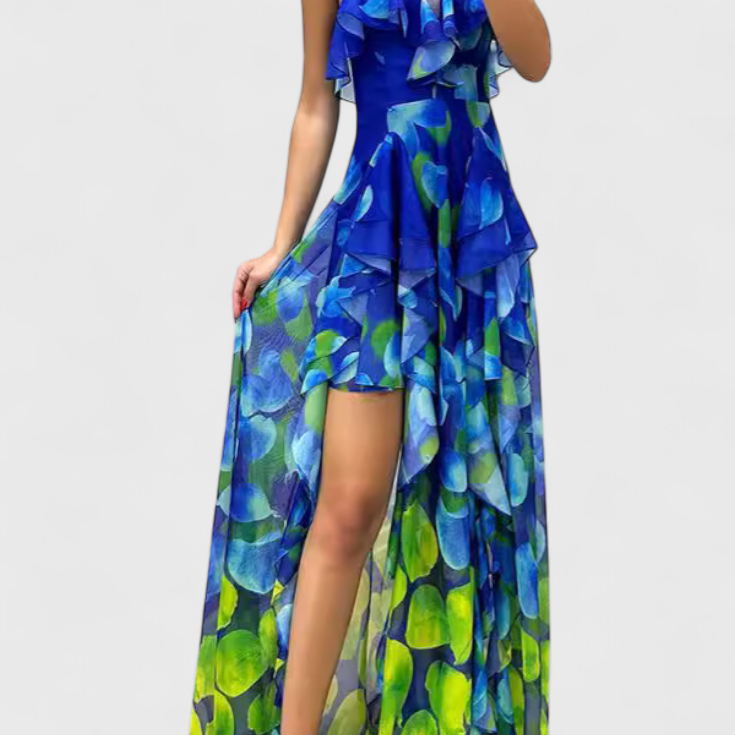 Зринка Макси Рокля без Ръкави с Волани и Градиентно Отворена