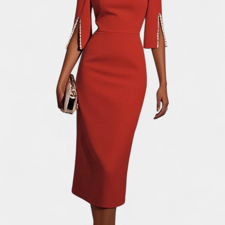 Весна Миди Рокля с Перлени Детайли и Кръгло Деколте