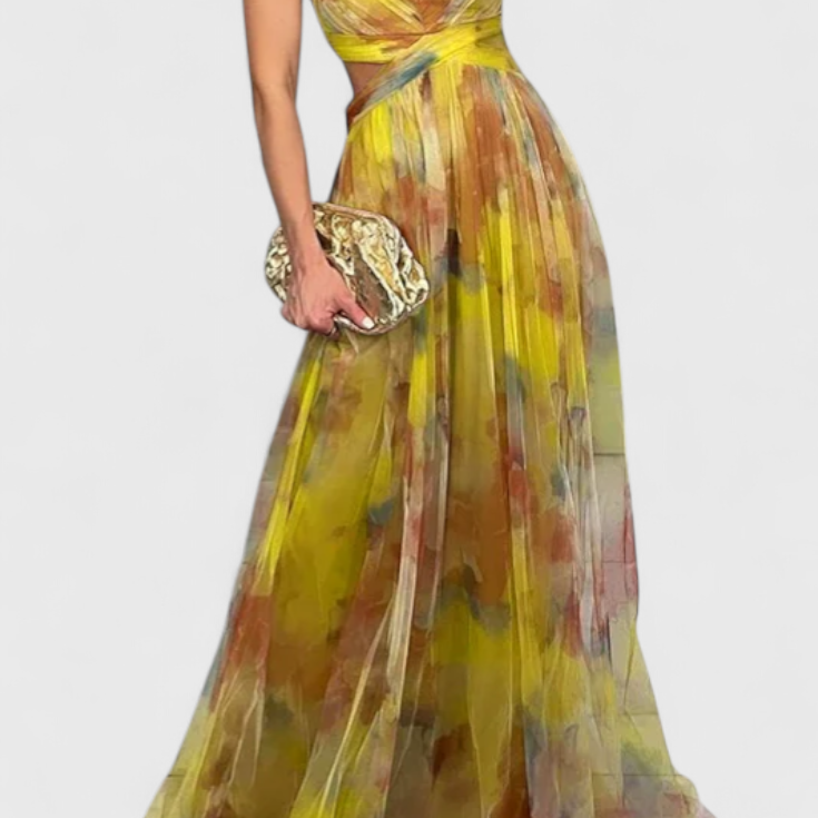 Макси рокля Магдалена с цветен десен и V-образно деколте