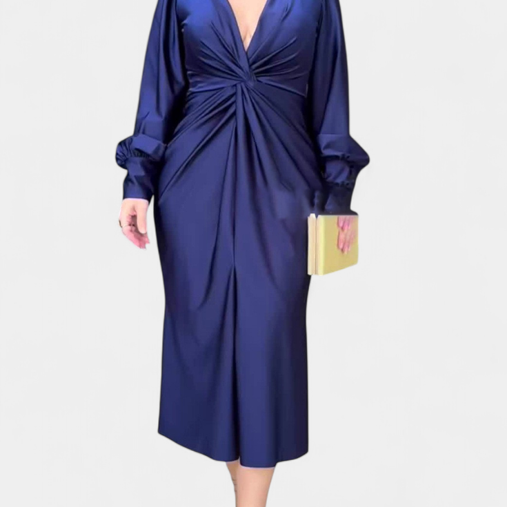 Лена Дълга Рокля с Дълги Ръкави и V-образно Деколте