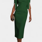 Весна Миди Рокля с Перлени Детайли и Кръгло Деколте